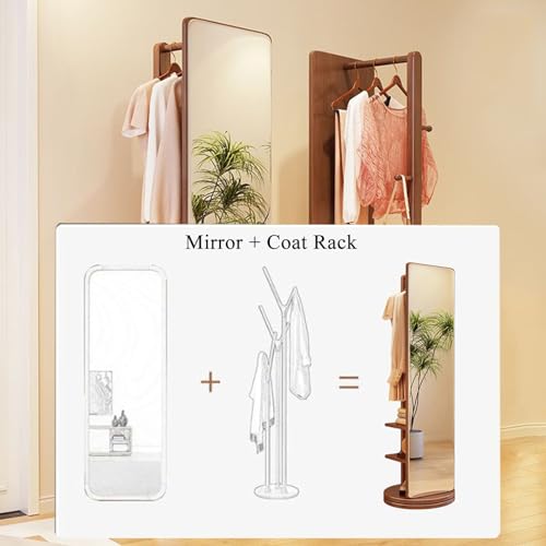 Floor-Standing Solid Wood Rotating Coat Rack，Full Length Free Standing Body Mirror with Coat Rack 360° Rotating Wood Floor Mirror for Living Room Bedroom Apartment