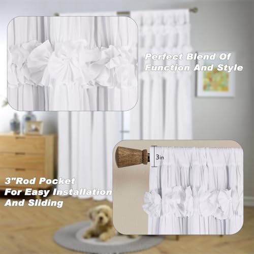 Homechoice Decor White Blackout Drapes - Handmade Ruffles & Butterfly Flower Accents Heat Blocking Window Curtain 54" x 84" x 2 Panels - Thermal Insulated, Soundproof & Light Reducing Curtains (LQ-37)