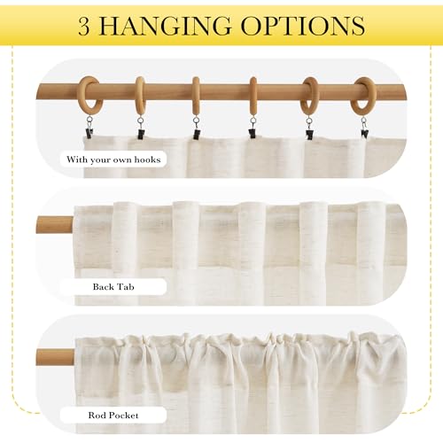 NICETOWN Sheer Linen Curtains 96 Inch Length for Bedroom Living Room 2 Panels, Ivory Rod Pocket & Back Tab Semi Sheer Drapes Privacy Semitransparent Farmhouse Window Treatment, W52 x L96
