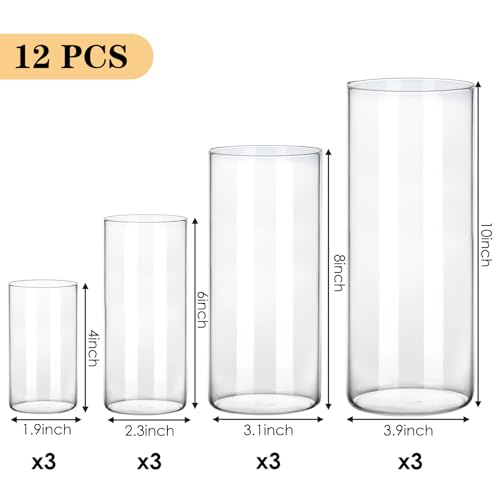 Fixwal 12pcs Clear Glass Cylinder Flower Vases, 4, 6, 8, 10 Inch Tall Cylinder Vases for Centerpieces, Glass Flower Vase Floating Candle Holder Vase for Table Shelf, Party, Wedding, Home Decor
