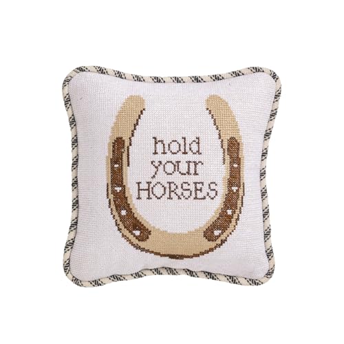 Mud Pie Beige Hold Your Horses Horseshoe Western Needlepoint Small Pillow