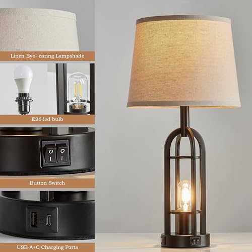 Black Table Lamps for Living Room Set of 2 - Farmhouse Lamps for Night Stands with USB A+C, Bedside Lamps for Bedroom, 24'' Industrial Lamp for Living Room End Tables
