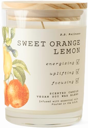 LEOBEN CO – Sweet Orange Lemon Scented Candle – 9oz, B.B. Wellness Collection Design – 50 hr Burn Time – Poured in California Using Vegan Soy Wax and Essential Oils – Made in Small Batches