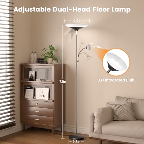 Upgraded 2-in-1 Torchiere Floor Lamp, Dimmable Standing Lamp with Remote&Button Control, 34W Brightness Adjustable Floor Reading Light, Black Modern Corner Lamp for Living Room Bedroom Office