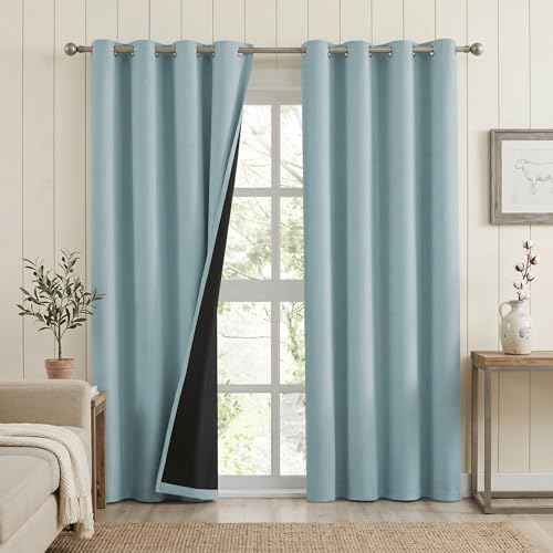 Melodieux 100% Blackout Curtains for Bedroom, Linen Textured Light Blue Black Out Curtains 84 Inch Long, Grommet Top Thermal Insulated Window Drapes for Living Room, 52" W x 84" L, 2 Panels