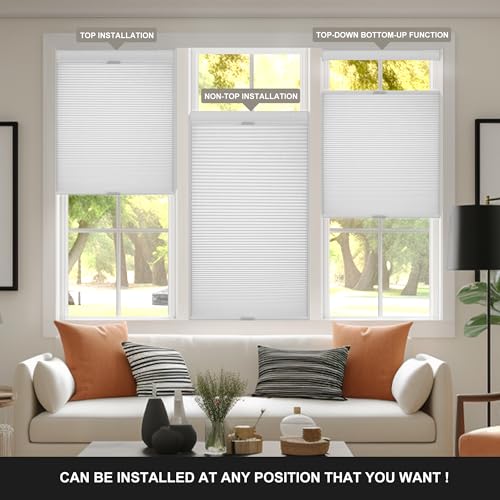 Boolegon No Drill No Tools Cellular Shades Top Down Bottom Up Honeycomb Blinds Blackout Cordless Window Blinds Easy to Install Cellular Shade for Windows,Blackout-White,34.5" W x 64" H..