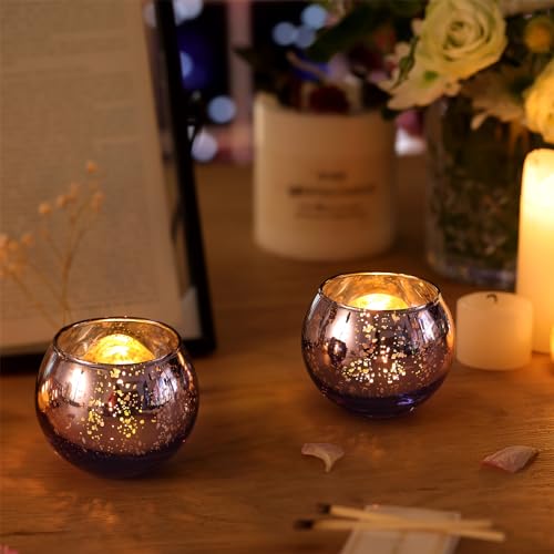 Round Purple Votive Candle Holder Set of 12, Mercury Glass Votives