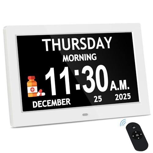 7" Black& 10.1" White Dementia Clock Set (2-Pack) - Large Digital Display with Date/Time, Auto Dimming, 6 Alarms, Remote Control