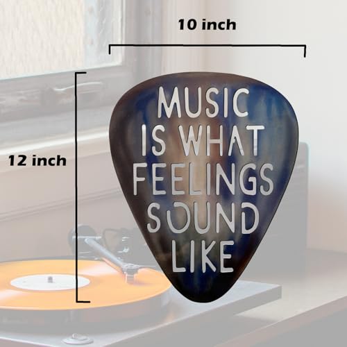 AZEZO Metal Guitar Pick Décor, 12’’x10’’ Music Wall Art, Stainless Guitar Wall Art, Featuring ‘Music Is What Feelings Sound Like’