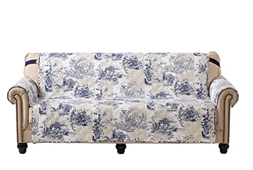 Brilliant Sunshine Blue Toile Couch Loveseat Cover, Quilted Sofa Cover for Dogs, Slip Resistant Furniture Protector with Strap, Washable Slipcover for Kids and Pets, Blue Beige (54" seat)
