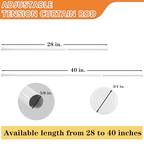 KXLife 2 Pcs Spring Tension Curtain Rod Adjustable 28 to 40 Inches, 5/8" Diameter, White, Expandable Spring Loaded Tension Rods For Window No Drilling