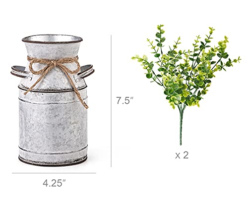 Dahey Metal Flower Vase with Artificial Eucalyptus Farmhouse Decor Rustic Shabby Chic Milk Can Galvanized Jug Planter Fake Plants in Decorative Tin Vase for Table Centerpieces Bedroom Kitchen Decor
