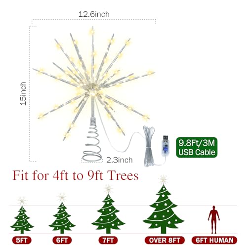 15 Inch Christmas Tree Star Topper with 150 LED Timer Lights & Remote, 19-Point USB Powered Lighted Silver Starburst Star Tree Topper for Indoor Holiday Party Xmas Tree Decor