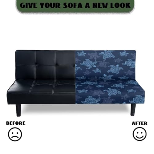 Suobstales Sea Turtle Print Stretch Armless Futon Cover, Futon Mattress Cover Soft Sofa Bed Slipcovers with Elastic Bottom, Foldable Sofa Slipcovers Washable Couch Covers