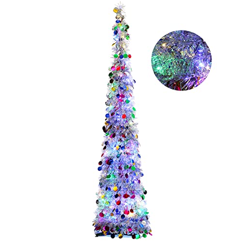Orgrimmar 5FT Artificial Christmas Pop Up Tree Tinsel Pencil Tree (Multi) | with 100 Multi-Color LED Lights for Holiday Home Party Decoration
