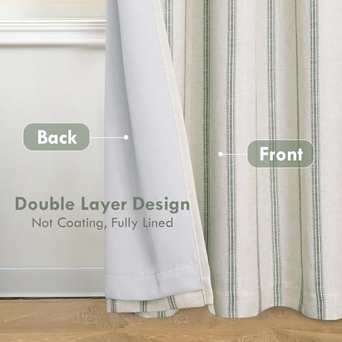 DriftAway Farmhouse Linen Blackout Curtains 84 Inches Long for Bedroom Striped Double Layer Thermal Insulated Sound Reducing Lined Grommet Rustic Drapes for Living Room 2 Panels W52 x L84 Loden Green