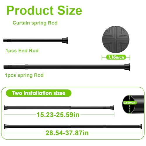 Small Tension Rod 16-38inch Black Tension Curtain Rod no Drilling Spring Rods for Windows Short Tension Rod Adjustable Curtain Rod for Windows,Door,Closet,Kitchen