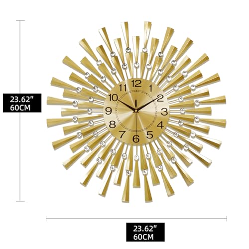 FLEBLE Large Wall Clocks for Living Room Decor Modern Gold Silent Wall Clock Battery Operated Non-Ticking for Bedroom Kitchen Office Home Decorative 24Inch Retro Crystal Clock Wall Decor for House