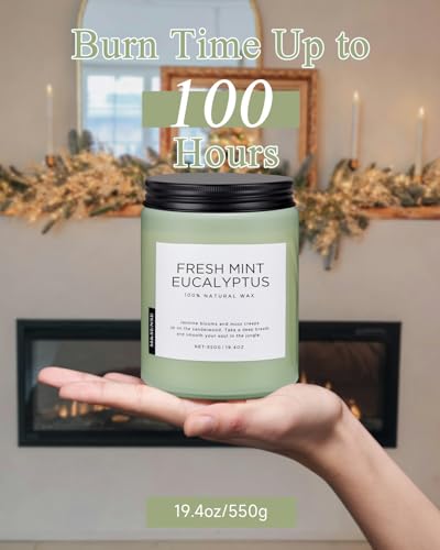 M&SENSE Eucalyptus & Mint Scented Jar Candle, Large 19.4oz Natural Soy Wax, 110-Hour Long Lasting Non-Toxic Clean Burning, Fresh Smelling Home Aromatherapy for Spa Stress Relief, Gifts for Men Women