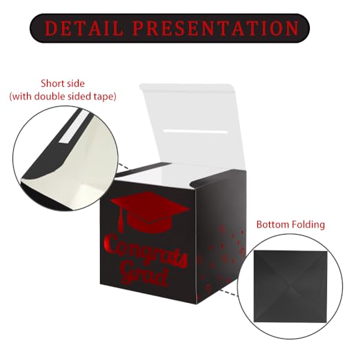 Graduation Card Box Holder, Congrats Grad Foldable Cardboard Decorations Box for Graduation Party Decoration and Grad Parties (Black-red)
