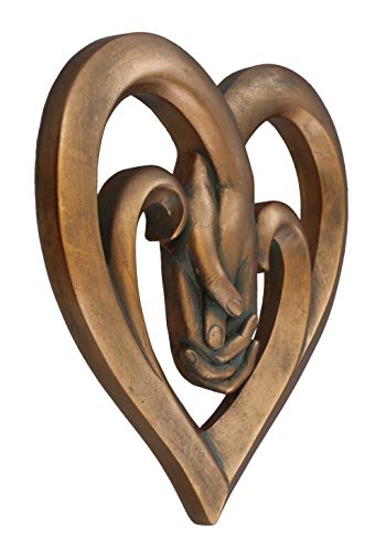 Top Brass Heart Holding Hands Wall Decor Decorative Art Sculpture - Copper Bronze Verdigris Finish - Forever Love