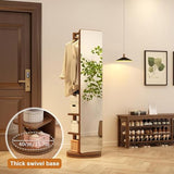 Floor-Standing Solid Wood Rotating Coat Rack，360° Rotating Full Length Mirror with Coat Rack - Solid Wood Freestanding Dressing Mirror with Hanging Hooks - Stylish Clothes Hanger for Bedroom