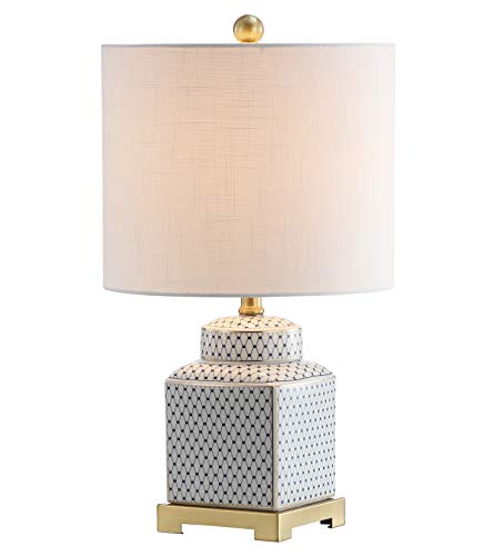 JONATHAN Y 21.5" White and Navy Blue Ceramic Ginger Jar LED Table Lamp, Modern Chinoiserie Fishnet Pattern with White Linen Shade and Brass Gold Base, LED Bulb Included JYL3043A