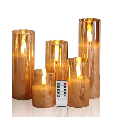 Amber Gold Glass Flameless Pillar Candles with Remote Set of 5