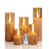 Amber Gold Glass Flameless Pillar Candles with Remote Set of 5