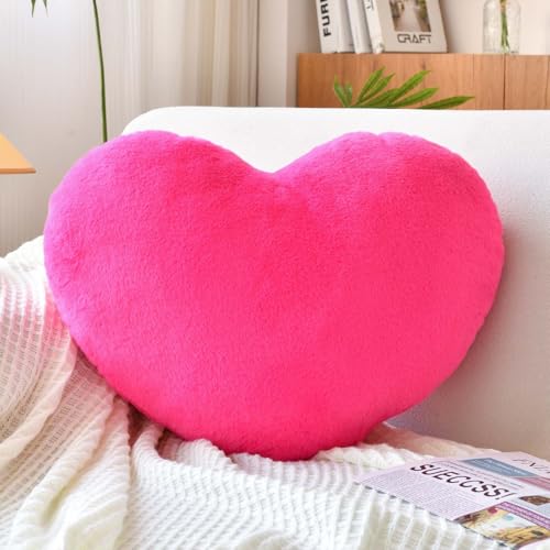 XVTRU Hot Pink Heart Pillows, Cute Heart Decorative Pillow, Heart Shaped Throw Pillows for Bed, Faux Rabbit Fur Plush Hoom Decor Pillow Cushion for Chair Sofa Living Room (Medium-15.7"x11.8")