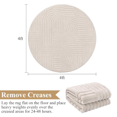 SHACOS Soft Cozy Fluffy Arch High Low Pile Round Rug 4ft Non Slip Washable Scandi Minimalist Circle Area Rug Modern Geometric Carpet for Living Room Bedroom Bathroom Kitchen, Beige