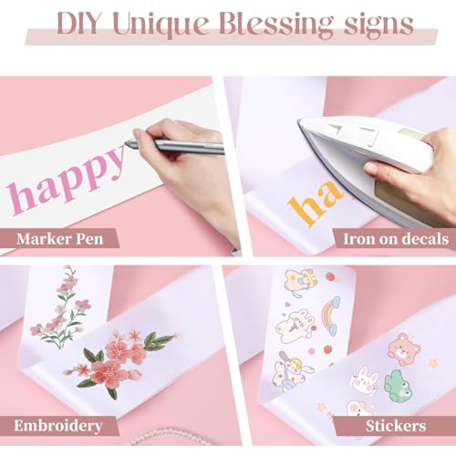 12Pcsk Blank White Satin Sash - DIY Senior Bride Pageant Sashes with Safety Pins, Plain Satin Sash for Pageants,Senior Sash,Custom Sash,DIY Personalized Sash for Birthday Party