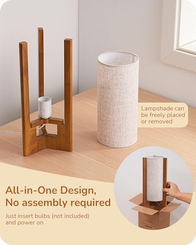 EDISHINE 13.5" Small Table Lamp, Walnut Wood Cylinder Nightstand Lamp for Bedroom, Beige Linen Shade, Corner Modern Bedside Lamp for Living Room, On-Off Line Switch, E26 Base (Bulb Not Included)