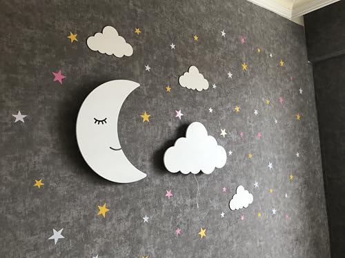 Set of 2 Moon and Cloud Night Light for Kids, Cordless Battery Operated Wall Mount Lamp Decor for Nursery & Toddler Room, Soft LED Baby Nightlight, Hanging Wall Lamps for Boys & Girls Bedroom (White)