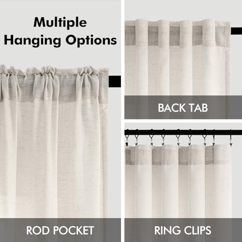 ANRODUO Ivory Cream Linen Curtains 96 inches Long 2 Panels for Bedroom Living Room Back Tab Semi Sheer Privacy Linen Burlap Window Drapes Neutral Modern Long Curtains for Sliding Glass Door