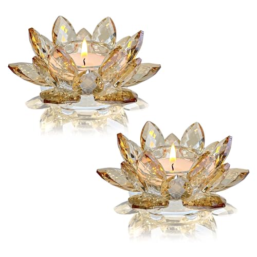 Crystal Lotus Flower Tealight Candle Holders/Glass Tea Light Candlestick Decor Decoration for Christmas Home Wedding Party(1, Gold 2pcs)