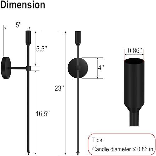 23-inch Large Wall Candle Sconces, Set of 2, Wall Mounted Candle Holder, Modern Chic Home Decor for Bedroom, Dining Room, Living Room (Black)