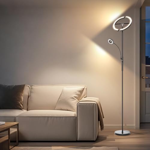 LED Floor Lamp for Living Room - Modern Standing Lamp with Reading Light, Remote Touch Control Floor Light Dimmable Mother-Daughter Tall Bedroom Lamp for Couch Office, 29W, Black