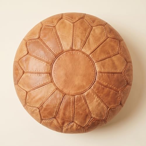 Moroccan Handmade Leather Pouf Ottoman — Round Genuine Leather Footstool, Hand-Stitched Unstuffed Pouf Cover for Living Room, Bedroom & Nursery (Cognac Brown)