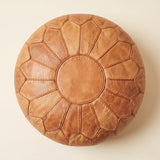 Moroccan Handmade Leather Pouf Ottoman — Round Genuine Leather Footstool, Hand-Stitched Unstuffed Pouf Cover for Living Room, Bedroom & Nursery (Cognac Brown)