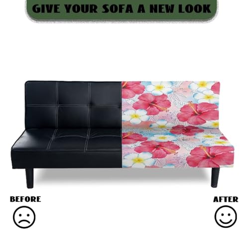 Armless Futon Cushion Covers Coastal Floral Rectangular Sofa Slipcovers Hibiscus Flower Futon Couch Cover with Elastic Bottom for Living Room Bedroom Hotel Furniture Protector