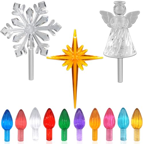 110Pcs in 10 Colors Ceramic Christmas Tree Replacement Bulbs - Plastic Lights Pegs, Included Angel Topper＆Snowflake Top＆Cross Stars.