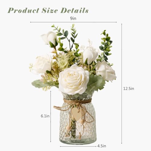 YJ Fake Flowers with Vase, Silk Roses Artificial Flowers in Vase, Faux Flower Plant Arrangement Suitable for Home Office Decoration, Dining Table Centerpiece(White)