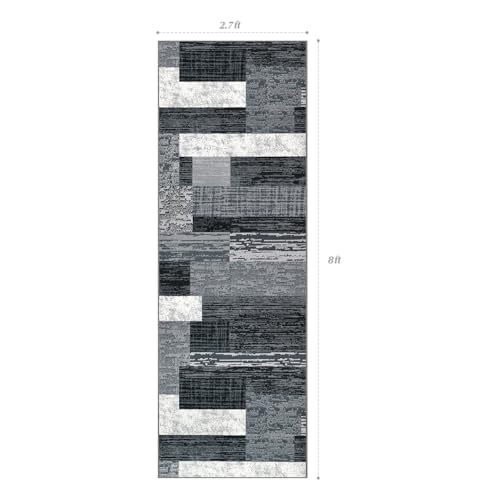 Indoor Washable Runner Rug with Rubber Backing, Modern Geometric Patchwork