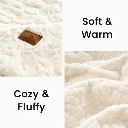 Cozy Bliss Faux Fur Throw Blanket for Couch, Fuzzy Soft Plush Thick Warm Fluffy Reversible Wave Textured Blanket for Sofa Bedroom Living Room, 55 * 70 Inches Cream White