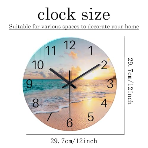 Beach Wall Clock Battery Operated 12 Inch Glass Wall Clock Non Ticking Analog Blue Wall Clocks for Bedroom Living Room Office Decor