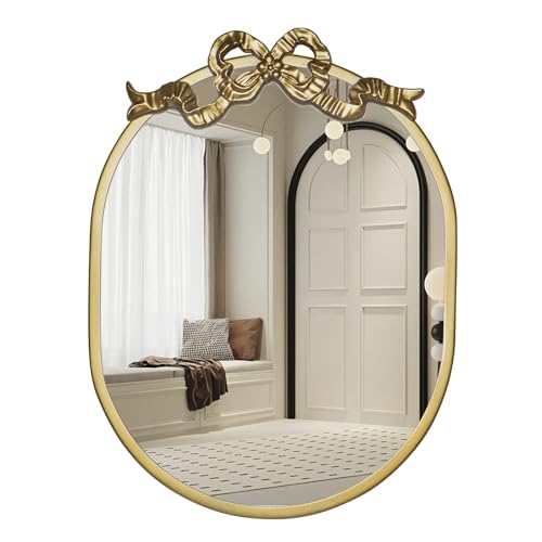 SANY DAYO HOME Wall Hanging 16″ x 12″ Gold Metal Framed Oval Mirror with Decorative Bow, Modern Farmhouse Real Glass Accent Mirror for Vanity, Bathroom, Entryway