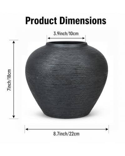 Black Ceramic Vase 7" H Round Rustic Flower Vase for Home Decor | Rustic Vase 3.9" Opening 8.7" W x 7" H Farmhouse Dining Table Centerpiece Shelf, Mantels, Kitchen, Entryway Living Room Decor