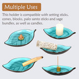 Incense Holder for Sticks (9 Holes) and Cones, Handmade Ceramic Incense Ash Catcher for Meditation, Yoga, SPA Days, Relaxing, Home Decor, Candle Holder, Easy to Clean, Leaf-Shape (Blue)