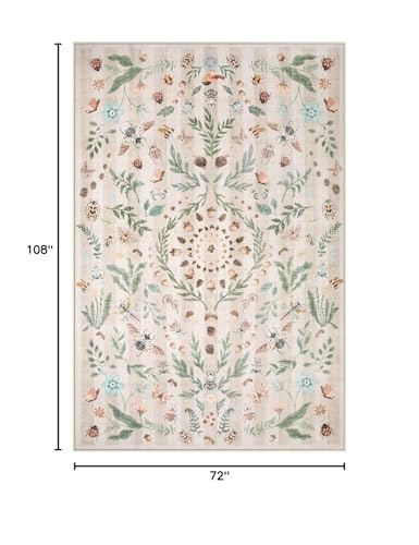 Lahome Washable Insect Botanical 6x9 Area Rugs for Nursery - Machine Washable Non-Slip Beige Bedroom Rug, Boho Low Profile Soft Faux Wool Carpet for Living Room Laundry Playroom Dining Room